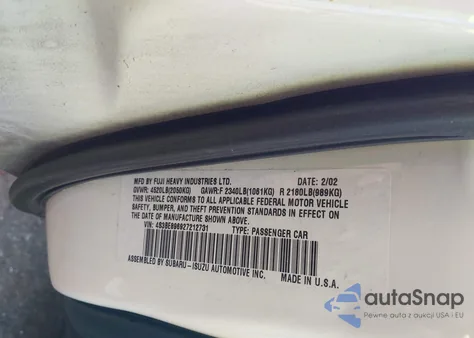 2002 Subaru Outback H6-3.0/H6-3.0 Vdc z USA, uszkodzony, nr VIN 4S3BE896927212731
